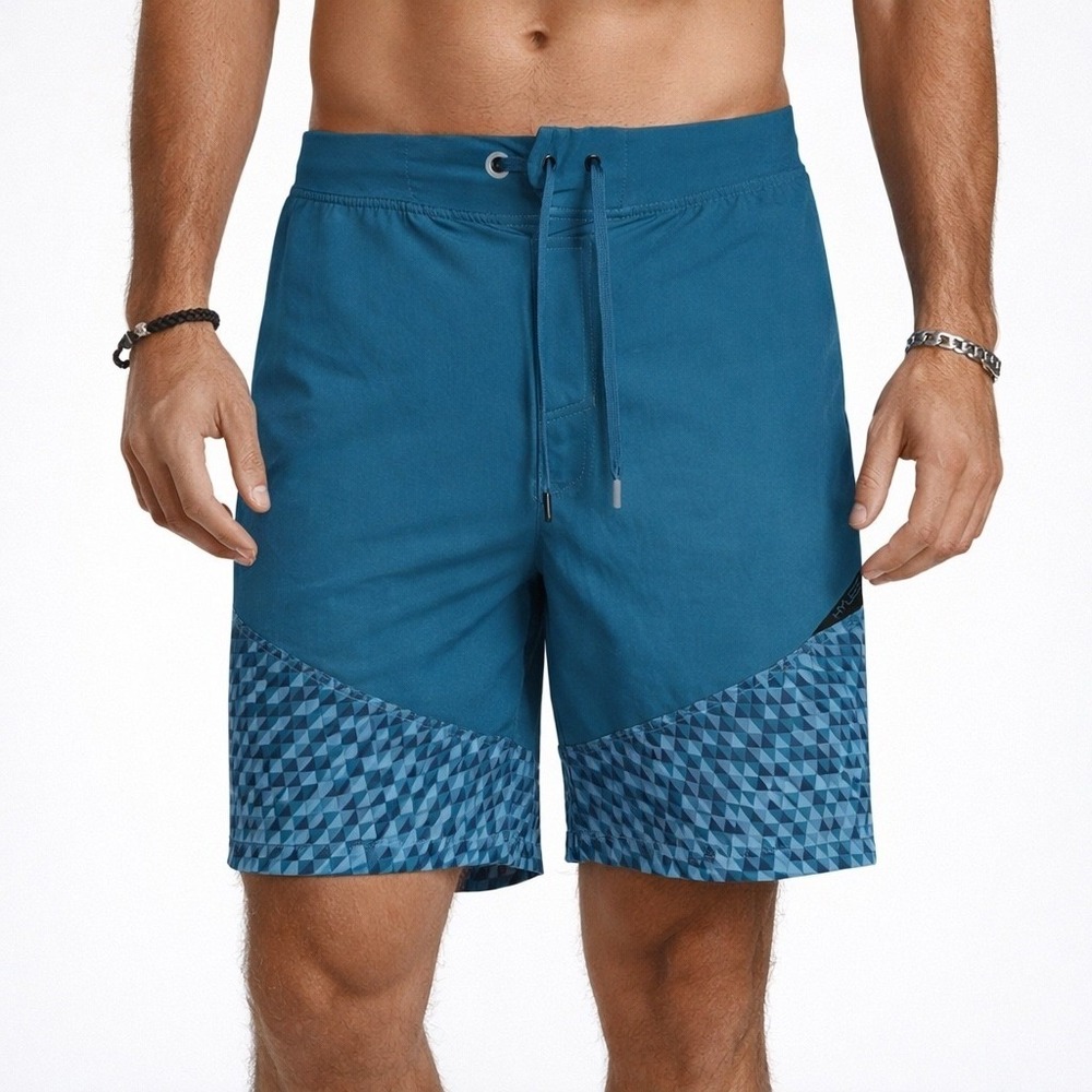 Hylete Mens Above Knee Training Shorts Teal‎ Blue Geometric Pattern Medium Gym